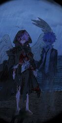 Rule 34 | 2boys, absurdres, barefoot, black cloak, black jacket, black pants, blood, blood on clothes, blood on face, blood on leg, bushuguchuandilongshu57713, chinese commentary, cloak, closed mouth, collared shirt, commentary request, dual persona, expressionless, highres, hood, hood up, hooded cloak, jacket, long sleeves, male focus, multiple boys, night, open clothes, open jacket, outdoors, pants, purple hair, rain, red eyes, saibou shinkyoku, shirt, shore, short hair, smile, theodore riddle, torn clothes, torn pants, white shirt, white wings, wings
