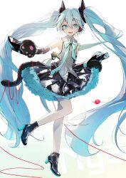 1girl :d absurdres animal_hands aqua_eyes aqua_hair bare_shoulders black_boots black_skirt black_sleeves blue_bow boots bow cat_tail collared_shirt detached_sleeves fangs full_body gloves grey_shirt hatsune_miku headphones high_heel_boots high_heels highres kamatoyu long_hair looking_at_viewer open_mouth paw_gloves pleated_skirt shirt skirt sleeveless smile solo tail twintails very_long_hair vocaloid white_background yarn yarn_ball