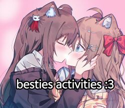 2girls ahoge animal_ears blue_eyes blush brown_hair censored censored_kiss closed_eyes commission evil_neuro-sama hair_ornament hair_ribbon heart heart_hair_ornament highres incest kiss long_hair looking_at_another multiple_girls neuro-sama pinkpink939 red_ribbon ribbon second-party_source siblings sisters skull_hair_ornament twincest twins vedal_ai virtual_youtuber yuri