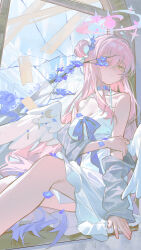 1girl absurdres angel_wings arched_window arm_at_side bare_shoulders blue_archive blue_bow blue_choker blue_flower blue_hair blue_halo bow branch breasts broken_glass cardigan cardigan_partially_removed chinese_commentary choker cleavage collarbone commentary_request day dress dress_bow feathered_wings feet_out_of_frame flower flower_request glass gradient_hair grey_cardigan hair_between_eyes hair_bun hair_flower hair_ornament hair_scrunchie halo halter_dress halterneck hand_on_own_arm hand_rest highres indoors knees_up light_smile long_hair looking_at_viewer medium_dress mika_(blue_archive) moon_(ornament) multicolored_hair multicolored_halo omurice_(304975636) on_windowsill one_eye_covered open_cardigan open_clothes pink_hair pink_halo scrunchie sitting sky solo tape very_long_hair white_dress white_scrunchie window wing_ornament wings yellow_eyes