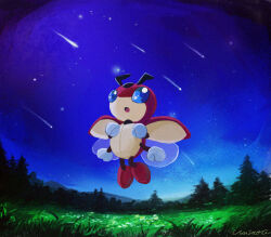 antennae blue_eyes creature creatures_(company) field forest game_freak gen_2_pokemon ledian looking_up nature night nintendo no_humans open_mouth pine_tree pokemon pokemon_(creature) shooting_star tree uninori