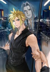 2boys alternate_costume alternate_universe black_pants black_shirt black_vest blonde_hair blue_eyes building chinese_commentary city_lights cityscape cloud_strife commentary_request final_fantasy final_fantasy_vii final_fantasy_vii_advent_children glaring grabbing_another&#039;s_arm green_eyes grey_hair hand_up high_collar implied_yaoi indoors jjn_ff7 light_smile long_bangs long_hair long_sleeves looking_at_another looking_at_viewer male_focus multiple_boys night no_armor no_gloves pants parted_bangs pov pov_hands reflection sephiroth shirt short_hair skyscraper slit_pupils spiked_hair sweatdrop toned toned_male upper_body vest window