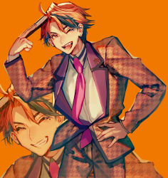 1boy ;d blouse closed_eyes collared_shirt fang formal_clothes grin hand_on_own_hip holding holostars hypnosis_mic looking_at_viewer male_focus mebaru mole mole_under_eye multiple_views necktie one_eye_closed open_mouth orange_background orange_eyes orange_hair orange_theme pants red_neckwear shirt simple_background smile standing suit teeth virtual_youtuber white_shirt yukoku_roberu
