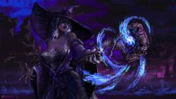 1girl absurdres arkaim bare_shoulders breasts cleavage dark-skinned_female dark_skin elden_ring elden_ring_nightreign hat highres large_hat long_hair mature_female purple_hat purple_sleeves recluse_(elden_ring) solo white_hair witch witch_hat
