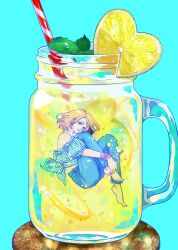 1girl 3sanshokudango3 aqua_nails barefoot blonde_hair blue_background blue_eyes blue_pants bow cellphone clip_studio_paint_(medium) commentary crop_top cup denim drinking_straw english_commentary floating_hair food fruit garnish glass green_shirt head_on_knee head_tilt heart highres holding holding_phone in_container in_jar jar jeans knees_to_chest lemon lemon_slice lemonade looking_at_viewer medium_hair off_shoulder original pants phone pink_nails pink_ribbon plaid_bow plaid_clothes plaid_shirt puffy_short_sleeves puffy_sleeves ribbon shirt shirt_bow short_sleeves smile symbol-only_commentary underwater white_shirt