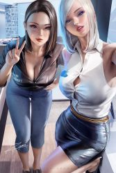 2021 2girls apple_inc. banned_artist bare_shoulders black_hair black_shirt black_skirt blue_eyes blue_pants blue_skirt blush breasts cleavage collarbone denim denim_skirt facing_viewer forehead jeans large_breasts leaning_forward looking_at_viewer medium_hair miniskirt mole mole_under_eye multiple_girls open_mouth pants parted_bangs pencil_skirt product_girl samsung samsung_sam shirt skirt sleeveless sleeveless_shirt standing taut_clothes taut_shirt tight_clothes tight_pants tight_skirt v white_hair white_shirt zumi_(zumidraws)