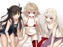 3girls absurdres arcueid_brunestud arima_miyako bikini black_shorts blonde_hair blue_notuki blush breasts brown_hair company_connection crossover eco-arc fate/stay_night fate_(series) green_eyes group_picture highres illyasviel_von_einzbern long_hair melty_blood micro_bikini multiple_girls navel open_mouth purple_bikini red_bikini red_eyes school_swimsuit shorts sitting slit_pupils small_breasts smile swimsuit tsukihime tsukihime_(remake)