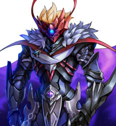 1boy armor clenched_hand fantasy full_armor fur genshin_impact glowing glowing_eye head_tilt korean_commentary looking_at_viewer male_focus one-eyed open_hand orange_hair solo taedu tartaglia_(foul_legacy_transformation)_(genshin_impact) tartaglia_(genshin_impact)