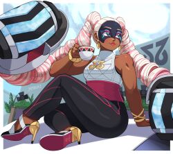 Rule 34 | 1girl, absurdres, arms (game), black pants, bracelet, cup, dark-skinned female, dark skin, drill hair, earrings, high heels, highres, jewelry, long hair, mask, multicolored hair, pants, red lips, solo, teacup, twin drills, twintails, twintelle (arms), very long hair, yamouri
