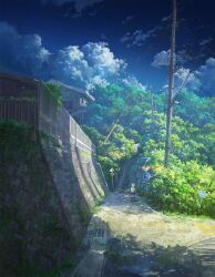 1girl blue_hair blue_skirt blue_sky brick_wall building cloud commentary cyclecircle day english_commentary fence forest grass grate highres hill house kneehighs moss nature necktie original outdoors path power_lines retaining_wall road scenery school_uniform shadow shirt sign skirt sky sky_focus socks solo stairs standing sunlight tree utility_pole very_wide_shot white_shirt