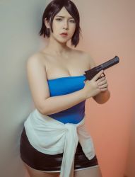 Rule 34 | 1girl, asian, black skirt, breasts, capcom, cleavage, cosplay, desert eagle, gun, handgun, highres, jill valentine, jill valentine (cosplay), large breasts, looking at viewer, medium breasts, miniskirt, photo (medium), pistol, plump, real life, resident evil, resident evil 3: nemesis, short hair, skirt, trigger discipline, uyuy2907, weapon