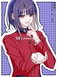 1boy border buttons colored_inner_hair commentary_request dated eyelashes finger_to_mouth grid_background grin hand_up happy_birthday highres jacket long_sleeves male_focus medium_hair multicolored_hair outline pink_eyes purple_background purple_hair red_jacket smile solo the_hundred_line_-last_defense_academy- tsukumo_ima tsumugg0 twitter_username two-tone_hair upper_body white_border white_hair white_outline