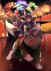 1girl animal animal_ears blue_eyes blue_hair braid candy_apple dog fireworks food frilled_kimono frills highres japanese_clothes kimono koyomi_(shironeko_project) lantern oversized_animal paper_lantern riding rucaco shironeko_project smile tarou_(shironeko_project) twin_braids wide_sleeves wolf_ears
