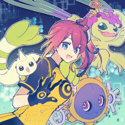 Rule 34 | 1girl, aiba ami, black gloves, black shirt, blonde hair, digimon, digimon (creature), digimon story: cyber sleuth, emr7, gloves, hagurumon, horns, ko-fi logo, ko-fi username, looking at viewer, open mouth, palmon, red hair, shirt, single horn, terriermon, tumblr logo, tumblr username, two-tone shirt, watermark, yellow shirt