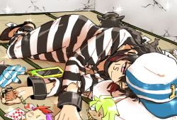 Rule 34 | 10s, 1boy, :&gt;, animal, black hair, card, cat, character doll, closed mouth, doll, gauntlets, green eyes, green hair, hat, heterochromia, indoors, juugo (nanbaka), kuu (nanbaka), lying, male focus, multicolored hair, nanbaka, nico (nanbaka), number tattoo, on side, orange eyes, pink eyes, playing card, prison cell, prison clothes, prisoner, purple hair, red hair, rock (nanbaka), solo, sparkle, striped, tatami, tattoo, torn clothes, uno (nanbaka)