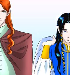 2boys androgynous black_hair blue_eyes braid cape cinemairon closed_mouth cousins elf fingon freckles height_difference holding long_hair looking_at_viewer maedhros male_focus multiple_boys orange_hair pointy_ears simple_background the_silmarillion tolkien&#039;s_legendarium