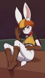 1girl adjusting_clothes adjusting_headwear animal_nose anus anus_peek body_fur boots bottomless brown_boots brown_gloves cleft_of_venus closed_mouth covered_erect_nipples crop_top dragon_ball dragon_ball_super ears_through_headwear female_focus flat_chest full_body furry furry_female gloves hand_up happy hat highres kekitopu knee_boots leaning_back looking_at_viewer newsboy_cap orange_hat pussy rabbit_ears rabbit_girl rabbit_tail red_eyes red_scarf scarf shirt short_sleeves short_tail single_bare_shoulder single_sleeve sitting smile solo sorrel_(dragon_ball) tail uncensored undershirt white_fur yellow_shirt
