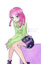 1girl aqua_eyes bad_id bad_twitter_id bare_legs black_skirt bright_pupils chocofish choker clothing_cutout commentary english_commentary eyelashes eyeshadow feet_out_of_frame green_hoodie green_pupils hair_ornament hairclip happy heart_cutout highres hood hood_down hoodie instagram_username knees lipstick long_hair long_sleeves looking_at_viewer loose_socks makeup midriff miniskirt outline parted_lips pencil_skirt pink_eyeshadow pink_hair pink_lips purple_socks simple_background sitting skirt sleeves_past_wrists smile socks solo striped_clothes striped_socks swept_bangs tecna_(winx_club) teeth tri_braids triangle twitter_username vertical-striped_clothes vertical-striped_socks watermark white_background white_choker white_outline winx_club