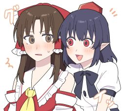 2girls ascot black_bow black_bowtie black_hair blush bow bowtie brown_eyes brown_hair collared_shirt commentary_request detached_sleeves frilled_bow frilled_hair_tubes frills hair_bow hair_tubes hakurei_reimu hat highres long_hair multiple_girls open_mouth pointy_ears puffy_short_sleeves puffy_sleeves red_bow red_eyes red_hat sakic43899 shameimaru_aya shirt short_sleeves smile sweatdrop tokin_hat touhou translation_request white_shirt yellow_ascot yuri