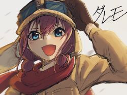 1girl aviator_cap aviator_goggles ayataka_syumimi black_gloves blue_eyes brown_hair brown_jacket commentary fang girls_band_cry gloves highres iseri_nina jacket low_twintails open_mouth short_hair short_twintails solo song_name symbol-only_commentary twintails upper_body