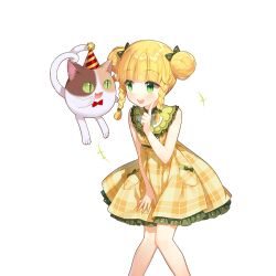 1girl bare_legs blonde_hair braid cat double_bun dress frilled_dress frills green_eyes hair_bun salt_(salty) sapphire_emerald twin_braids twintails uchi_no_hime-sama_ga_ichiban_kawaii yellow_dress