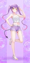 1girl absurdres alternate_costume armpit_crease bare_legs bare_shoulders breasts bubble closed_mouth collarbone commentary_request demon_tail dolphin_shorts ear_piercing earclip fingernails green_eyes green_nails hair_ornament hairclip hand_on_own_hip heart heart_tattoo highres hololive leg_tattoo legs long_hair midriff multicolored_hair nail_polish navel navel_piercing piercing pink_background pink_hair pink_lips pink_nails pink_shorts purple_hair revision salute sandals shoes shorts side_slit side_slit_shorts smile solo spiked_ear_piercing standing standing_on_one_leg stomach strappy_heels tail tank_top tattoo thighs toenail_polish toenails toes tokoyami_towa twintails twitter_username two-tone_hair virtual_youtuber wajuniorbox white_shoes white_tank_top