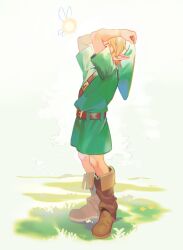 1boy arms_up belt belt_buckle blonde_hair boots brown_belt brown_footwear buckle chest_belt commentary fairy fairy_wings flower grass green_hat green_tunic hat link male_focus multiple_belts navi nintendo pointy_ears short_sleeves the_legend_of_zelda the_legend_of_zelda:_ocarina_of_time tunic uzucake white_background wings yellow_flower young_link
