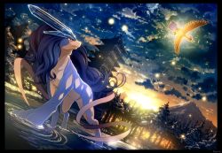 alternate_color building closed_mouth cloud commentary flying gen_2_pokemon ho-oh karamimame legendary_pokemon looking_back night nintendo no_humans outdoors pokemon pokemon_(creature) pokemon_focus shiny_pokemon sky suicune tower tree wading water