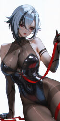 1girl alternate_breast_size arlecchino_(genshin_impact) arm_support bare_shoulders black_bodysuit black_eyes black_hair black_hands black_nails bodysuit breasts colored_extremities commentary_request covered_navel fingernails genshin_impact hair_between_eyes highres large_breasts long_fingernails multicolored_hair multicolored_nails parted_lips red_nails red_pupils short_hair simple_background solo symbol-shaped_pupils two-tone_hair white_background white_hair wo_jiushi_kanbudong x-shaped_pupils