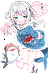 1girl :d blue_eyes blue_hair blue_hoodie blue_nails blue_socks blush breasts commentary_request drawstring fins fish_tail gawr_gura hair_ornament hand_on_own_arm highres hololive hood hood_down hoodie long_hair long_sleeves looking_at_viewer motion_lines multicolored_hair open_mouth shark_hair_ornament shark_tail sharp_teeth shoes small_breasts smile socks solo streaked_hair tail takahashi_tetsuya teeth translation_request two-tone_hair two_side_up virtual_youtuber white_hair white_shoes