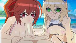 1boy 2girls ahoge amplected animated assertive_female bare_shoulders bbvshh beach bikini blazblue blonde_hair blush bow breasts brown_hair celica_a._mercury cum cum_in_mouth cum_on_body cum_on_hair ejaculation facial fellatio green_eyes hair_between_eyes hair_bow hair_ornament hetero large_breasts long_hair marzicc medium_breasts multiple_girls muscular muscular_male navel nervous nipples noel_vermillion oral outdoors pink_bikini ponytail red_bow red_eyes sound swimsuit tagme video voice_actor white_bikini
