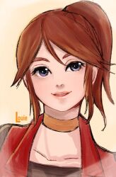 Rule 34 | 1girl, blue eyes, brown hair, claire redfield, highres, lips, long hair, long sleeves, lovers nero, ponytail, portrait, resident evil