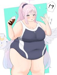 !? 1girl 7sufyfhysfsdkn0 big_belly blue_archive blue_one-piece_swimsuit blush breasts cleavage covered_navel fanning_self fat fat_woman feathered_wings halo large_breasts long_hair mika_(blue_archive) multicolored_eyes obese one-piece_swimsuit open_mouth pink_hair ponytail purple_eyes scrunchie soda soda_bottle solo standing sweat swimsuit very_long_hair white_wings wing_ornament wings yellow_eyes