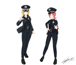 2girls absurdres blonde_hair blue_eyes hat highres hino_akane_(smile_precure!) lightningxc los_angeles_police_department m16a4_(upotte!!) multiple_girls necktie peaked_cap police police_uniform policewoman precure red_eyes red_hair smile_precure! upotte!! white_background