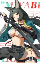 1girl absurdres animal_ear_fluff animal_ears armored_gloves belt black_gloves black_hair black_skirt breasts character_name chest_sarashi commentary english_commentary fingerless_gloves fox_ears gloves green_jacket highres hoshimi_miyabi jacket large_breasts long_hair navel panties red_eyes red_rope rope sarashi simple_background skirt solo stomach thedicardo thigh_belt thigh_strap underwear white_background white_panties zenless_zone_zero