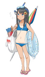 Rule 34 | 1girl, :3, bag, beach umbrella, bikini, black hair, blue bikini, blue eyes, check translation, diving mask, diving mask on head, dot nose, flat chest, flower, full body, goggles, goggles on head, hair flower, hair ornament, highres, innertube, long hair, navel, original, retsumaru, sandals, sidelocks, simple background, smile, snorkel, solo, standing, sunflower, sunflower hair ornament, swim ring, swimsuit, translation request, umbrella, white background