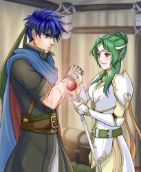 Rule 34 | 1boy, 1girl, armor, blue cape, blue hair, cape, elincia ridell crimea, fire emblem, fire emblem: path of radiance, green hair, green headband, headband, healing, highres, holding, holding staff, ike (fire emblem), kousetu0506, nintendo, staff, white armor