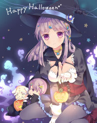 alternate_costume alternate_skin_color ariel_org between_legs black_dress black_pantyhose breasts character_request chibi choker cleavage closed_mouth corset dark_background dress duvan_org english_text eri. fang fire forehead_jewel gloves gold_choker hair_ornament halloween halloween_costume hand_between_legs happy_halloween hat highres holding holding_lantern juliet_sleeves lantern long_hair long_sleeves looking_at_viewer old old_man pantyhose pink_eyes puffy_sleeves purple_hair red_corset seiza short_hair sitting split_mouth star_(symbol) star_symbol_background straight_hair super_robot_wars white_gloves witch witch_hat