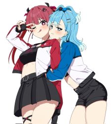 Rule 34 | 2girls, :3, ;q, black gloves, blue eyes, blue hair, blush, breasts, earrings, fingerless gloves, gloves, hair ornament, hairclip, hand in panties, heart, heart-shaped pupils, highres, hololive, hololive indonesia, houshou marine, hug, iii (hololive), jacket, jewelry, kayuu (hikentai0112), kobo kanaeru, long hair, looking at viewer, medium breasts, midriff, multiple girls, one eye closed, panties, pleated skirt, purple eyes, purple hair, short shorts, shorts, simple background, skindentation, skirt, symbol-shaped pupils, thighs, tongue, tongue out, underwear, v, virtual youtuber, white background, yuri