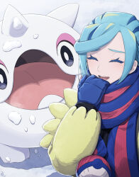 1boy :d blue_mittens blue_scarf cetoddle closed_eyes commentary_request eyelashes grusha_(pokemon) hand_up happy highres jacket long_sleeves male_focus min_(myna8247) mittens nintendo open_mouth poke_ball_print pokemon pokemon_(creature) pokemon_sv scarf smile striped_clothes striped_scarf teeth yellow_jacket
