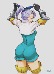 1girl ass boots bracer breasts fingerless_gloves from_behind gloves hair_ribbon jericho_(nanatsu_no_taizai) long_hair nanatsu_no_taizai ozkh ponytail purple_hair ribbon short_ponytail sideboob skin_tight solo thighhighs white_background yellow_boots