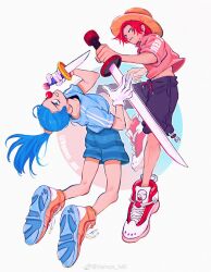 2boys absurdres black_shorts blue_hair blue_shirt blue_shorts buggy_the_clown clown_nose dagger full_body gloves grin hat highres holding holding_dagger holding_knife holding_sword holding_weapon knife leaning_back long_hair looking_back midriff_peek multiple_boys one_piece orange_shoes pink_shirt red_hair shanks_(one_piece) shirt shoes shorts smile sneakers straw_hat sword vamos_mk weapon white_gloves