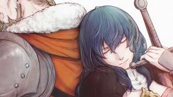 Rule 34 | 1boy, 1girl, armor, artist name, back-to-back, blonde hair, closed eyes, commentary request, dated, father and daughter, female byleth (fire emblem), fire emblem, fire emblem: three houses, green hair, holding, holding sword, holding weapon, jeralt reus eisner, nintendo, shoulder armor, simple background, sleeping, sleeping upright, sword, sword of the creator, tohka sd, twitter username, watermark, weapon, white background