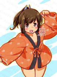 Rule 34 | 1girl, alternate costume, artist logo, breasts, brown eyes, brown hair, coat, commentary request, cowboy shot, dated, hanten (clothes), i-401 (kancolle), kantai collection, kutone shirika, logo, medium breasts, naked coat, orange coat, ponytail, smile, solo, tan