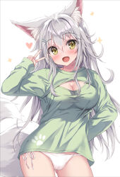 1girl animal_ear_fluff animal_ears breasts cameltoe cleavage cleavage_cutout clothes_tug clothing_cutout commentary contrapposto cowboy_shot double-parted_bangs fang fox_ears fox_girl fox_tail green_shirt grey_hair hair_between_eyes hair_ornament hairclip haru_(tateha) heart long_hair looking_at_viewer medium_breasts messy_hair no_pants open_mouth original panties paw_print shirt shirt_tug side-tie_panties simple_background smile solo sparkle string_panties symbol-only_commentary tail tateha_(marvelous_grace) underwear v very_long_hair white_background white_panties yellow_eyes