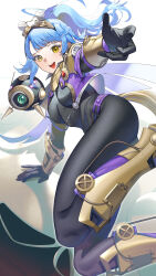 1girl absurdres blue_hair bodysuit drone fire_emblem fire_emblem_heroes goggles goggles_on_head highres ikura_(downdexp) looking_at_viewer nintendo official_alternate_costume open_mouth ponytail reginn_(dvergr_heir)_(fire_emblem) reginn_(fire_emblem) robot skin_tight smile solo teeth upper_teeth_only