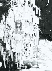 Rule 34 | 1boy, 1girl, absurdres, closed mouth, dress, full body, greyscale, highres, holding hands, hos1 i, long hair, looking at viewer, looking down, monochrome, no socks, onodera punpun, outdoors, oyasumi punpun, sandals, short dress, short sleeves, side-by-side, single tear, standing, tanabata, tanaka aiko, tanzaku, translation request, tree
