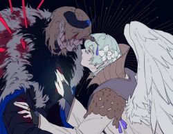 2boys angel_and_devil angel_wings banana69281 black_bridal_gauntlets black_fur black_horns blonde_hair blood blood_from_mouth blood_on_face blue_cape bridal_gauntlets broken_horn cape chinese_commentary commentary_request covered_eyes demon demon_horns dimitri_alexandre_blaiddyd dimitri_alexandre_blaiddyd_(timeskip) feathered_wings fire_emblem fire_emblem:_three_houses flower green_eyes green_hair grey_fur hair_behind_ear hair_flower hair_ornament hair_over_eyes hand_on_another&#039;s_arm hand_on_another&#039;s_chest horns impaled injury long_sleeves looking_at_another male_byleth_(enlightened)_(fire_emblem) male_byleth_(fire_emblem) male_focus multiple_boys mystical_high_collar nintendo open_mouth parted_bangs profile robe short_hair tassel teeth tiara upper_body upper_teeth_only white_flower white_robe white_wings wings