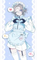 1boy absurdres aotsuki_eito apron bandaid bandaid_on_face bandaid_on_forehead blue_apron blue_bow blue_eyes bow cowboy_shot garter_straps glasses grey_hair hands_up hashtag-only_commentary heart heart_hands highres maid_headdress male_focus one_eye_closed shirt short_hair shorts smile solo spoken_heart spoken_sparkle takumi_go_lucky the_hundred_line_-last_defense_academy- thighhighs white_shirt white_shorts white_thighhighs zipper_pull_tab
