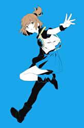 Rule 34 | 1girl, arle nadja, blue background, blue boots, blue shirt, blue skirt, boots, brown eyes, brown hair, commentary, full body, leg up, limited palette, lirio (nikori9), looking back, open hand, parted lips, ponytail, puyopuyo, shirt, short hair, short ponytail, simple background, single shoulder pad, skirt, solo, tank top, white tank top, wristband